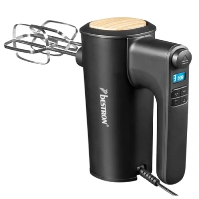 Afbeelding van Bestron Power Handmixer, krachtige handmixer met 6 snelheden, turbo functie &amp; LCD display, mixer inclusief 2 gardes kneedhaken, lichtgewicht van 1KG, kleur: Zwart/Hout