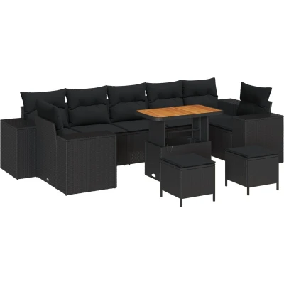 Afbeelding van vidaXL 10 delige Tuin Sofa Set met Kussens Zwart Poly Rattan Acacia, 3 Eet Acacia