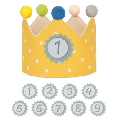 Afbeelding van URAQT verjaardagskrans met cijferknop 0 9 voor meisjes en jongens, feesthoeden kinderverjaardag, feestdecoratie, Geel gestippeld