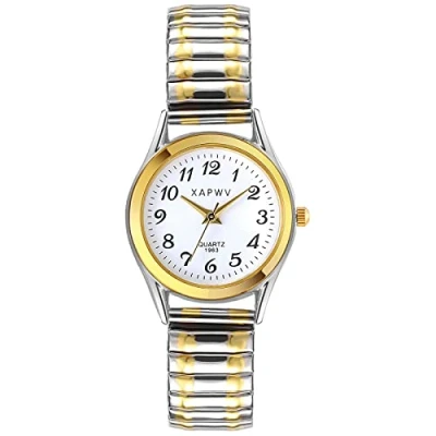 Afbeelding van JewelryWe Dameshorloge, met elastisch bandje, extra dun, makkelijk te lezen, goud /zilverkleurig, Armband