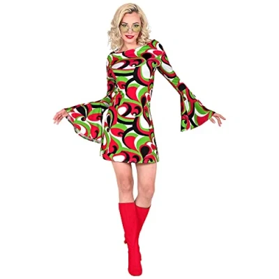 Afbeelding van Widmann Hippie Kostuum Miss Seventies Jurk Vrouw Rood, Groen Small Carnavalskleding Verkleedkleding