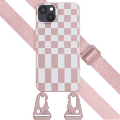 Afbeelding van Selencia hoesje Geschikt voor iPhone 14 Plus met koord Siliconen design afneembaar Roze / Irregular Check Sand Pink