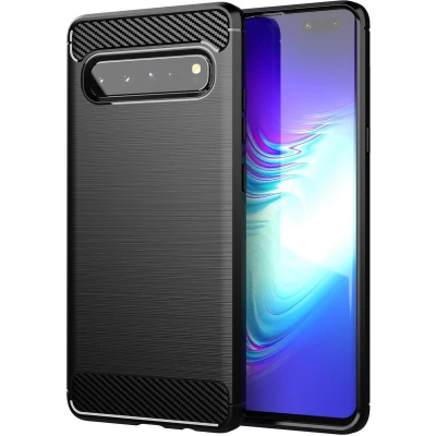 Afbeelding van Cadorabo Hoesje geschikt voor Samsung Galaxy S10 5G in Brushed Zwart Beschermhoes van flexibel TPU siliconen roestvrij staal carbonvezel look Case Cover