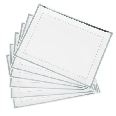 Afbeelding van MATANA 6 dienbladen van kunststof, wit met zilveren rand, 30 x 23 cm, robuust en herbruikbaar, rechthoekig, dienblad voor catering, buffetten, bruiloften, verjaardagen, Kerstmis, feesten