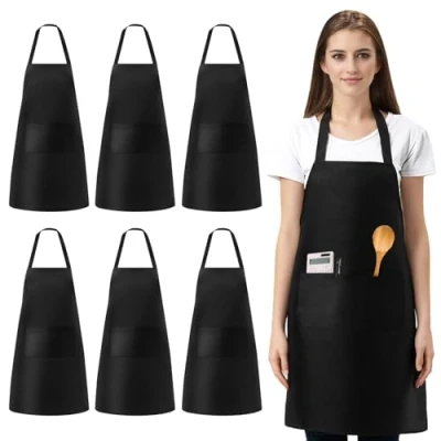 Afbeelding van Vegena Set van 6 zwarte keukenschorten voor dames en heren met 2 zakken, keuken, tuinieren, restaurant, café, schilderen, huishoudelijk werk, zwart, 60 x 70 cm, zwart.