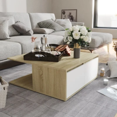 Afbeelding van Salontafel 80x80x31 cm spaanplaat wit en sonoma eikenkleurig