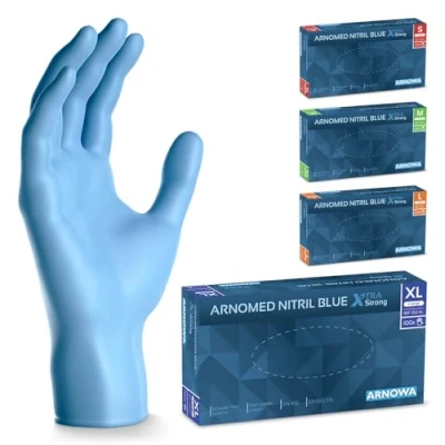Afbeelding van ARNOMED Wegwerphandschoenen, blauw, extra sterk, nitril handschoenen, maat XL, 50% dikker, 100 stuks, wegwerphandschoenen zonder poeder, latexvrije mechanische wegwerphandschoen