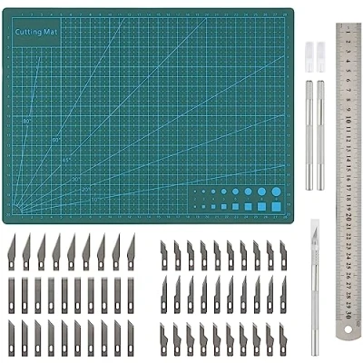 Afbeelding van Belle Vous Set van 65 knutselmessen met snijmat A4 Exacto modelbouwset ideaal voor papier, scrapbooking, modelleren, knutselen, sjablonen en meer