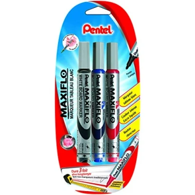 Afbeelding van Pentel Maxiflo Whiteboard markers, middelgrote ronde punt, vloeibare inkt, zwart, blauw, rood, 3 stuks