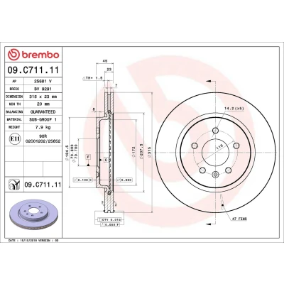 Afbeelding van BREMBO 09.C711.11 Remschijf 315 23 5 interne ventilatie Gecoat OPEL: Zafira C Tourer