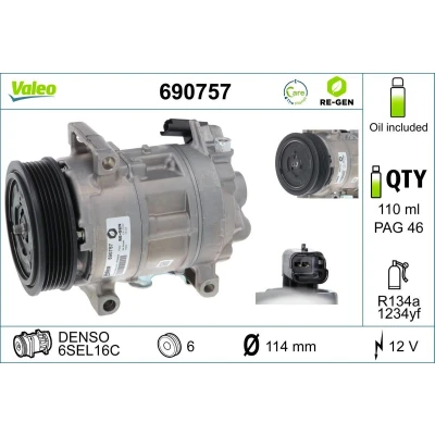 Afbeelding van VALEO 690757 AC Compressor 5SE 12 PAG 46 R 134a, 1234yf Met compressorolie CITROËN: C4 Picasso 1, DS4 Hatchback, II Hatchback