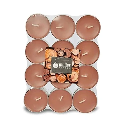 Afbeelding van Müller Tealights Geurkaarsen, Sandalwood geur, 39 x 15 mm, houdt 4 uur, bruine was, 24 stuks