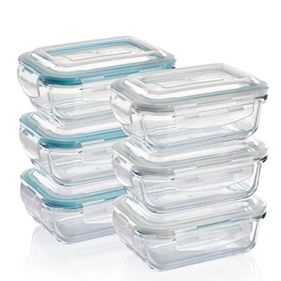 Afbeelding van Grizzly Voorraadschalen van glas, rechthoekig, met kliksluiting, voor oven, magnetron, vriezer, 6 stuks, 370 ml