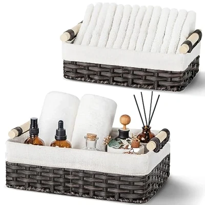 Afbeelding van GRANNY SAYS Rieten opbergmanden, set van 2 manden en opbergdozen met houten handgrepen, decoratieve toiletpapiermand, rechthoekig, opbergmand voor badkamer, bruin