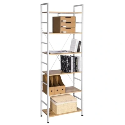 Afbeelding van WOLTU Metalen Opbergplank 6 Niveaus Ladderplank Keukenplank Opbergplank, 60x28x180CM, Wit + licht eiken RGB9307whe