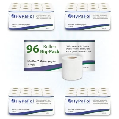 Afbeelding van Hypafol 96 rollen toiletpapier met wafelpatroon, 3 laags, extra zacht en scheurvast, 12 x 8 rollen, van hoogwaardige witte cellulose