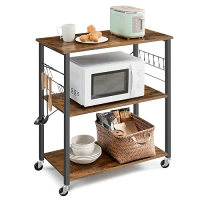 Afbeelding van VASAGLE Keukenrek met wieltjes, trolley 3 niveaus, houder voor magnetron, oven, broodrooster, metalen frame 6 haken, rustiek bruin en zwart KKS067K01