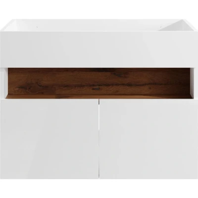 Afbeelding van Zwevend wastafelmeubel met ledverlichting Wit en donkere houtlook L80 cm POZEGA L 80 x H 60 D 46