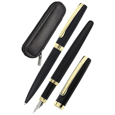 Afbeelding van ONLINE Eleganza Schrijfset, inclusief balpen, vulpen, echt leren etui, kleur zwart en goud, 3 delig, in hoogwaardige geschenkdoos, vulpen voor standaardpatronen