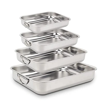 Afbeelding van ROSSETTO Set van 4 rechthoekige roestvrijstalen kookplaten met inklapbare handgrepen, 40 cm + 35 30 25 cm, vaatwasmachinebestendig