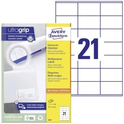 Afbeelding van Avery Zweckform 3481, Universele Etiketten, Ultragrip, Wit, 100 Vel, 21 Per 70 X 41 Mm Etiket
