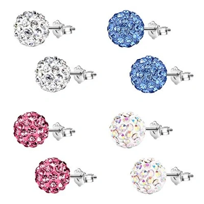 Afbeelding van Epoch World oorbellen van 925 zilver voor dames, 4 paar in de vorm discobal, rond, 8 mm, dames en meisjes