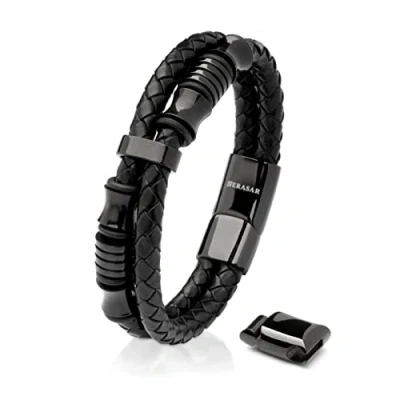 Afbeelding van SERASAR Armband Heren [Spirit] Premium Koeienhuid Zwart 20cm RVS en Leer Cadeau voor Hem