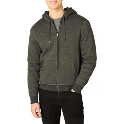 Image de Amazon Essentials Sweat Shirt à Capuche, Fermeture Éclair Intégrale, en Molleton, Doublure Sherpa Men&#039;s, Charbon Chiné, S