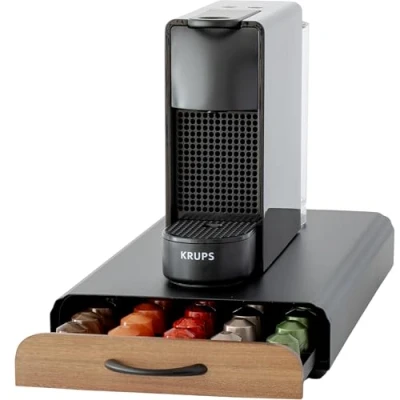 Afbeelding van Capsulehouder met Lade Koffiecups houder Geschikt voor Nespresso 50 Cups RVS Zwart Bamboe Hout