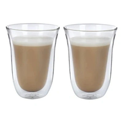 Afbeelding van La Cafetière Set van 2 dubbelwandige Latte mokken met zachte rondingen en geribbelde rand