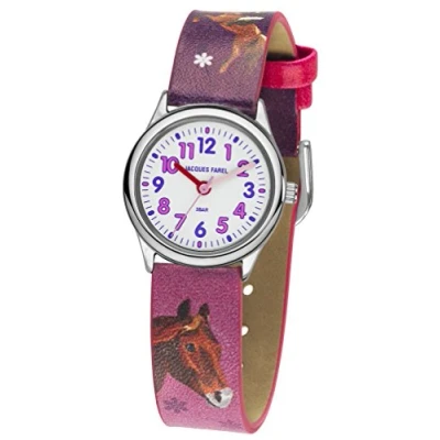 Afbeelding van JACQUES FAREL Horloge Kind Kinderhorloge Meisje Paard Roze &amp; Paars Zilverkleurig Analoog 3 Bar Ø 27mm Verstelbaar bandje (12,5 17 cm) Duidelijk HCC543