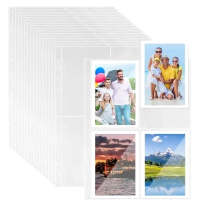 Afbeelding van Elsrantor Kunststof hoesjes, A4 fotoalbum, 30 stuks, transparante navulpagina&#039;s voor fotoalbums, dubbelzijdige 4 vakken, tickets, brieven