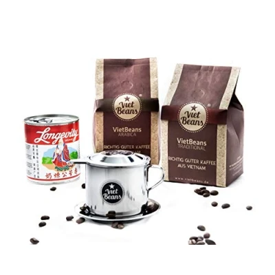 Afbeelding van VietBeans Starterset gemalen koffie, 2 x 250 g, filter (grenen) + condensmelk Vietnam koffie traditioneel en 100% Arabica