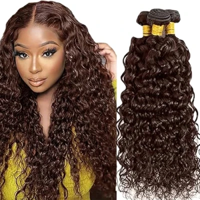 Image de Tuheerst Water Wave Human Hair Bundles #4 Chocolate Brown Extensions Real Sew in Extension 3 Double Weft Remy Low Shedding for Woman 30 Inch