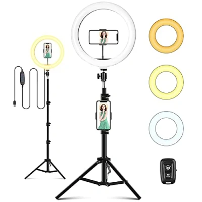 Afbeelding van ITSHINY LED ringlicht met statiefstandaard en telefoonhouder, 10 inch Selfie lichtring voor make up Live Stream videofotografie, USB aangedreven 3 lichtmodi 11 helderheidsniveaus