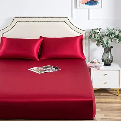 Afbeelding van Damier Premium satijnen hoeslaken, zijde, glanzend, voor matrassen tot 25 cm, 200 x rood, bordeaux