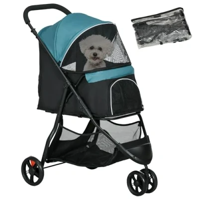 Afbeelding van PawHut 2 in 1 kinderwagen voor honden en katten met opvouwbare regenbescherming tot 10 kg kussen, netramen, deuren, opbergmand, donkergroen