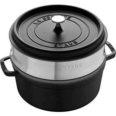 Afbeelding van STAUB Geëmailleerde gietijzeren stoofpan met deksel en stoommand, voor alle warmtebronnen inclusief inductie, 4 tot 5 personen, rond, 26 cm, l, 7,2 kg, mat zwart