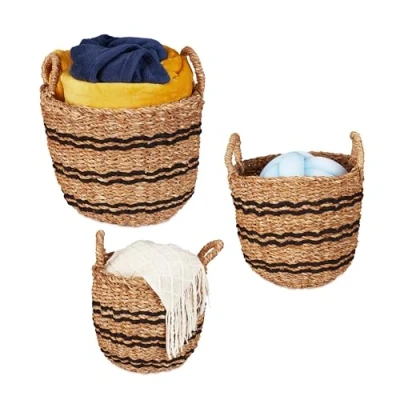 Afbeelding van Relaxdays opbergmand zeegras 3 delige set met hengsel mand badkamer gevlochten