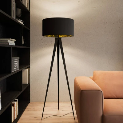 Afbeelding van Lindby vloerlamp Benik, driepoot, textiel, zwart/goud, 153cm