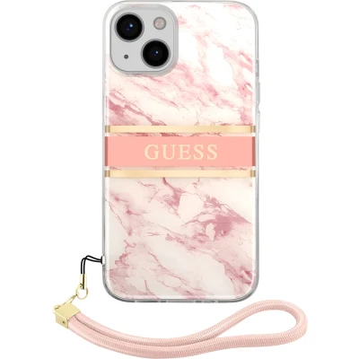 Afbeelding van Roze hoesje van Guess Hardcase Backcover iPhone 13 Mini Met Riem Marble