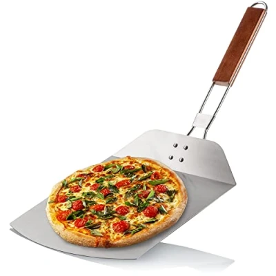 Afbeelding van 430 rvs Pizza Shovel en cake met houten handvat pusher voor pizza, flambée, broodjes brood Vouwgreep (zilver / bruin vierkant)
