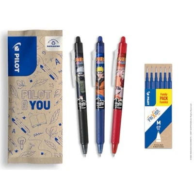 Afbeelding van PILOT x Naruto set van 2 FriXion pennen + 1 3 vullingen gum uitwisbare Shipudden Limited Edition Navulbare rollerbalpen Blauw Medium punt