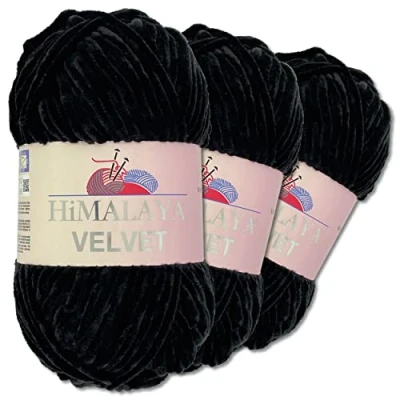 Afbeelding van Wohnkult Himalaya 3 x 100 g Velvet Dolphin wol, 40 kleuren naar keuze, chenille breigaren, wolwol, glans, accessoire kleding deken (90011, zwart)