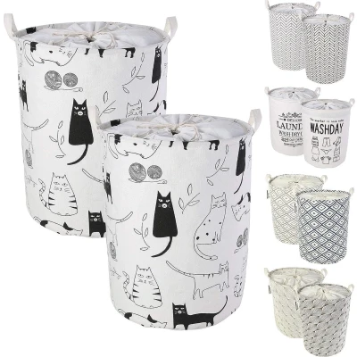 Afbeelding van Wasmand met trekkoord, opberg sorteerder, inklapbare pop up wasmanden, waterdicht rond katoenen linnen, 2 stuks, verdikt 49 cm, groot