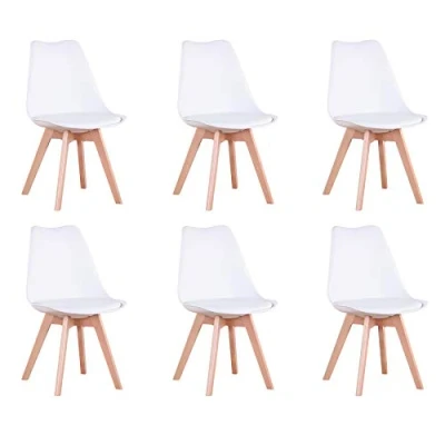 Afbeelding van BenyLed Set van 6 moderne tulpvormige eetkamerstoelen, met gevoerde zitting en poten beukenhout, ideaal voor eetkamer, keuken, woonkamer, slaapkamer, wit