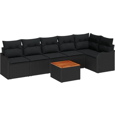 Afbeelding van vidaXL 7 delige Tuin Sofa Set met Kussens Zwart Poly Rattan Acacia, 2 zits Opslag &amp;