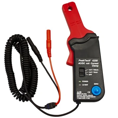 Afbeelding van PeakTech P 4250 ampèremetrische klem, adapter voor AC/DC multimeter met 4 mm stekkers, nulpuntinstelling gelijkstroomsterkte, stroommeting tot 9 stroomtang CAT III