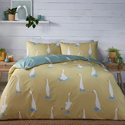 Afbeelding van Fusion Dekbedovertrek Honk Ducks Eenpersoonsbed (140 x 200 cm) Omkeerbaar ontwerp (2 kleuren) Onderhoudsvriendelijk en wasbaar Grappig eend/ganzenvormig beddengoed Verpest niet