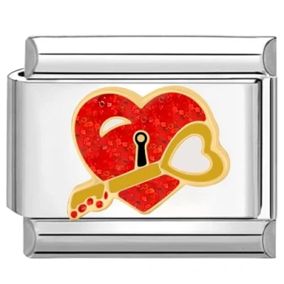 Afbeelding van Quiges Schakel Bedel 9mm charms Hart met sleutel Geschikt voor Nomination armband Schakelarmband italy bedels